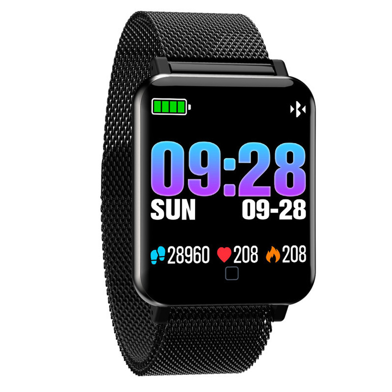 HIGE/M19 智能彩屏手环金属磁吸表带 心率血压运动计步秒表 1.3英寸大屏触屏手表 钢带黑色