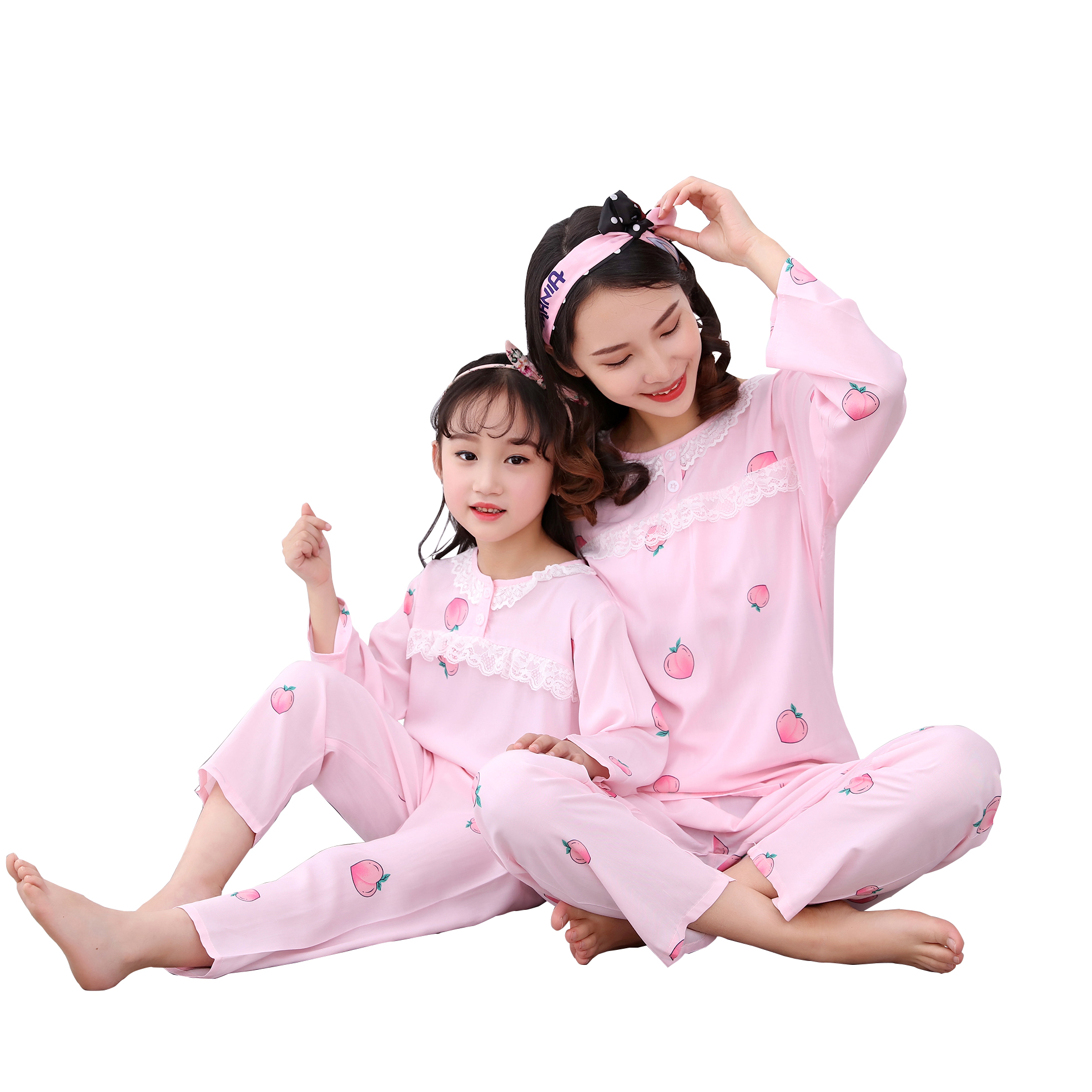 19新款春秋棉绸儿童睡衣套装女 童装中小童印花小孩家居服亲子装