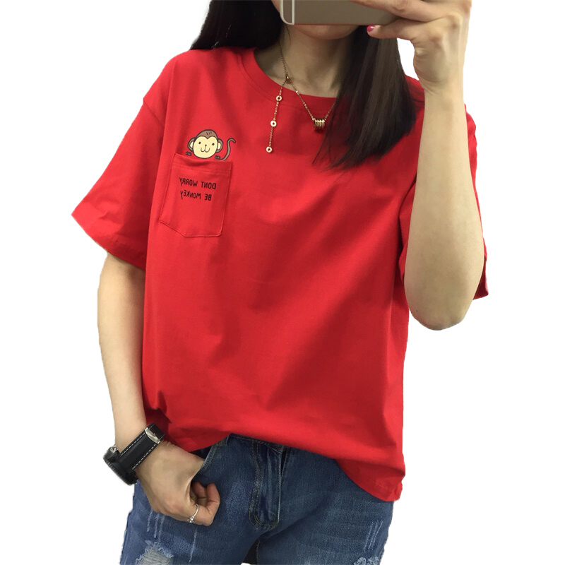 短袖卡通学生宽松百搭上衣半袖韩版休闲中袖t桖30猴子红色xl120-140斤