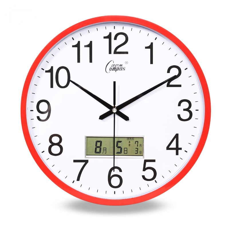 康巴丝(Compas) 客厅挂钟表办公室简约日历时钟现代时尚壁挂表石英钟表 14英寸(直径35.5厘米) 红色款 抖音