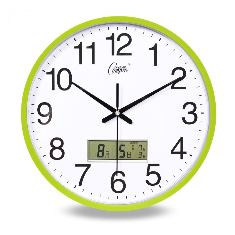 康巴丝(Compas) 客厅挂钟表办公室简约日历时钟现代时尚壁挂表石英钟表 14英寸(直径35.5厘米) 绿色款 抖音