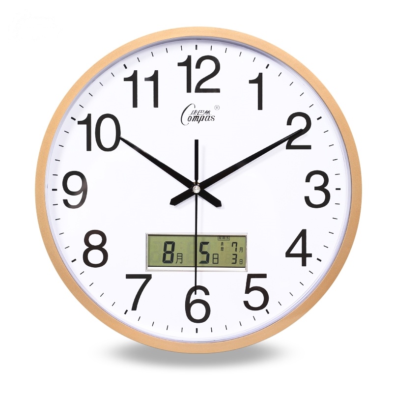 康巴丝(Compas) 客厅挂钟表办公室简约日历时钟现代时尚壁挂表石英钟表 14英寸(直径35.5厘米) 金色款 抖音