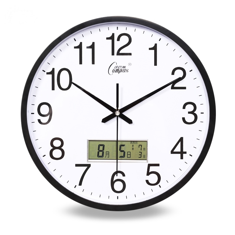 康巴丝(Compas) 客厅挂钟表办公室简约日历时钟现代时尚壁挂表石英钟表 14英寸（直径35.5厘米） 黑色款 抖音