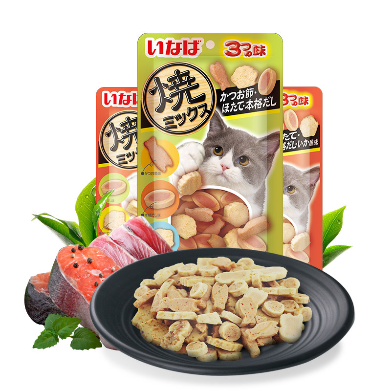 伊纳宝妙好猫零食烤海鲜小鱼饼干宠物猫咪磨牙零食冻干猫粮 蟹味+鲣鱼节+鱿鱼味25g 8袋