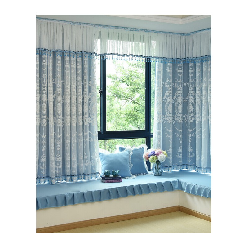 飘窗窗帘窗纱欧式简约现代小短全遮光布双层凸窗卧室客厅阳台成品