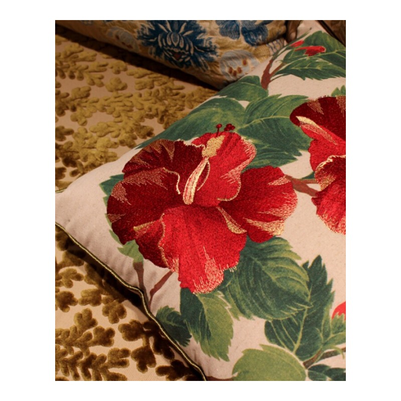 美式棉麻刺绣红色大花抱枕含芯客厅沙靠垫套床头软包靠背靠枕垫