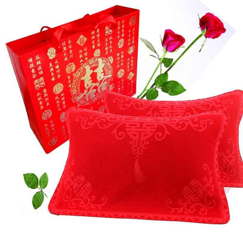 大红色枕巾枕套礼盒装棉结婚礼品套装一对加厚纱布枕头套A款枕套2条+枕巾2条+礼盒48cmX74cm