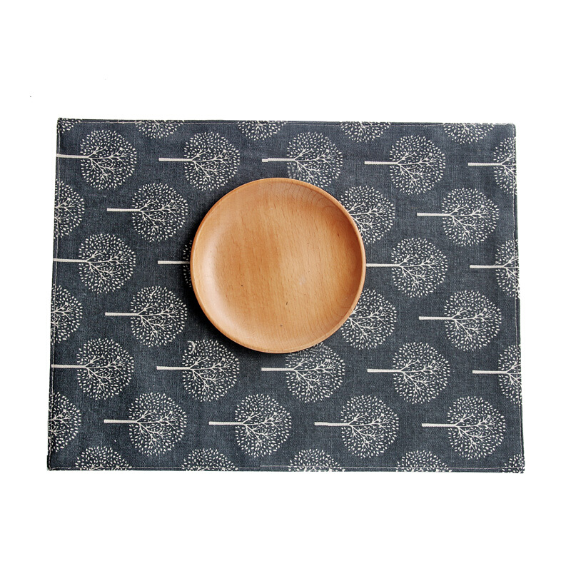 日式棉麻双层加厚隔热垫餐垫茶巾盖布桌布小树图案桌垫拍照背景布浅色40*30cm