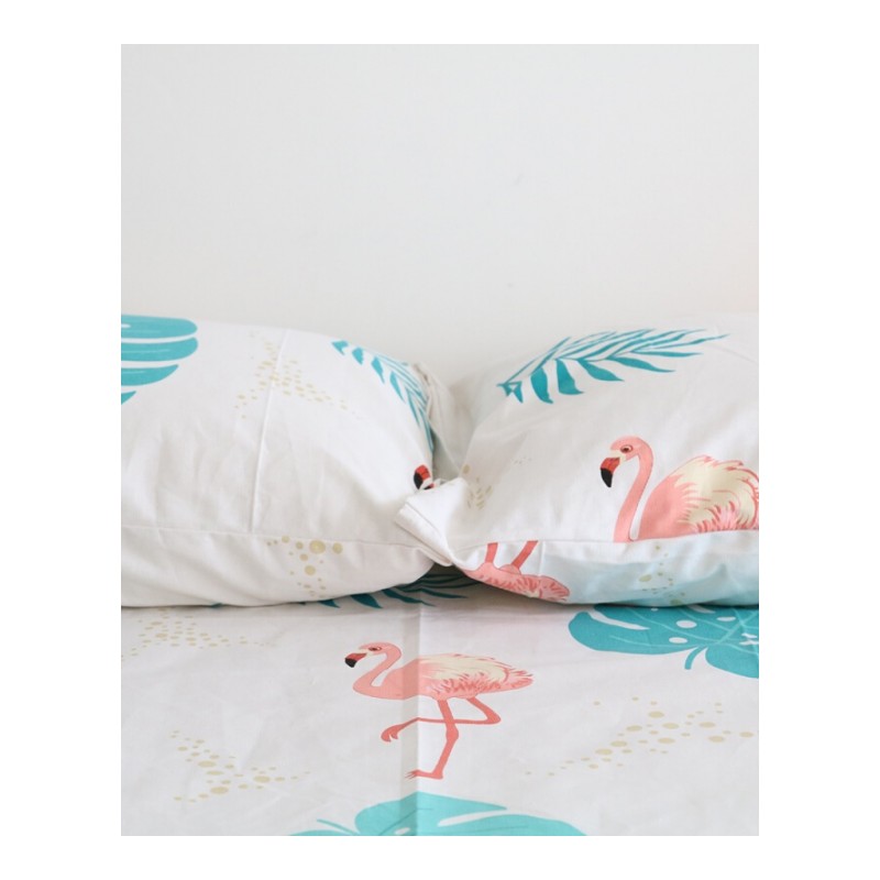 火烈鸟和龟背竹热带植物蓝白浅色纯棉加厚老粗布床单枕套[龟背竹和火烈鸟]