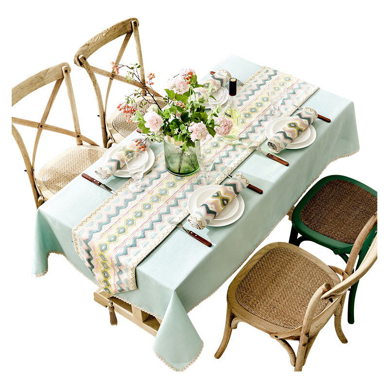 北欧长方形餐桌布艺茶几素蓝色亚麻棉麻桌布蕾丝花边小清新蓝台布