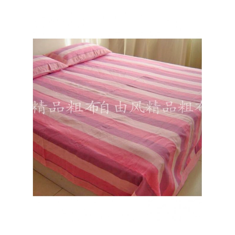 包紫粉条纹全棉老粗布凉席三件套加厚双人床上席子粉红色紫粉条纹