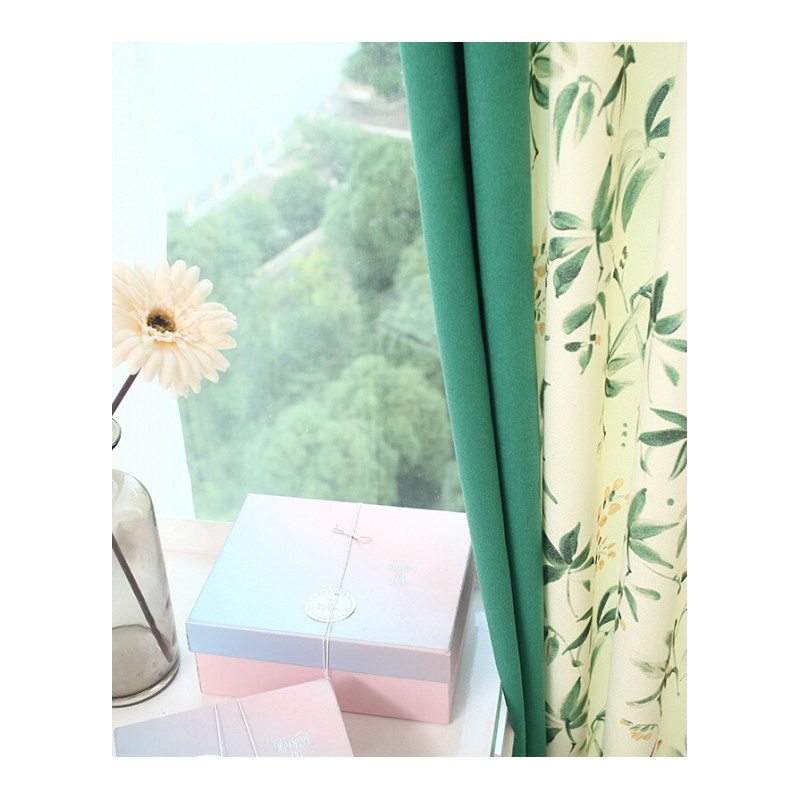 简约现代绿色棉麻拼接窗帘ins挡光布料北欧小清新卧室飘窗遮阳布