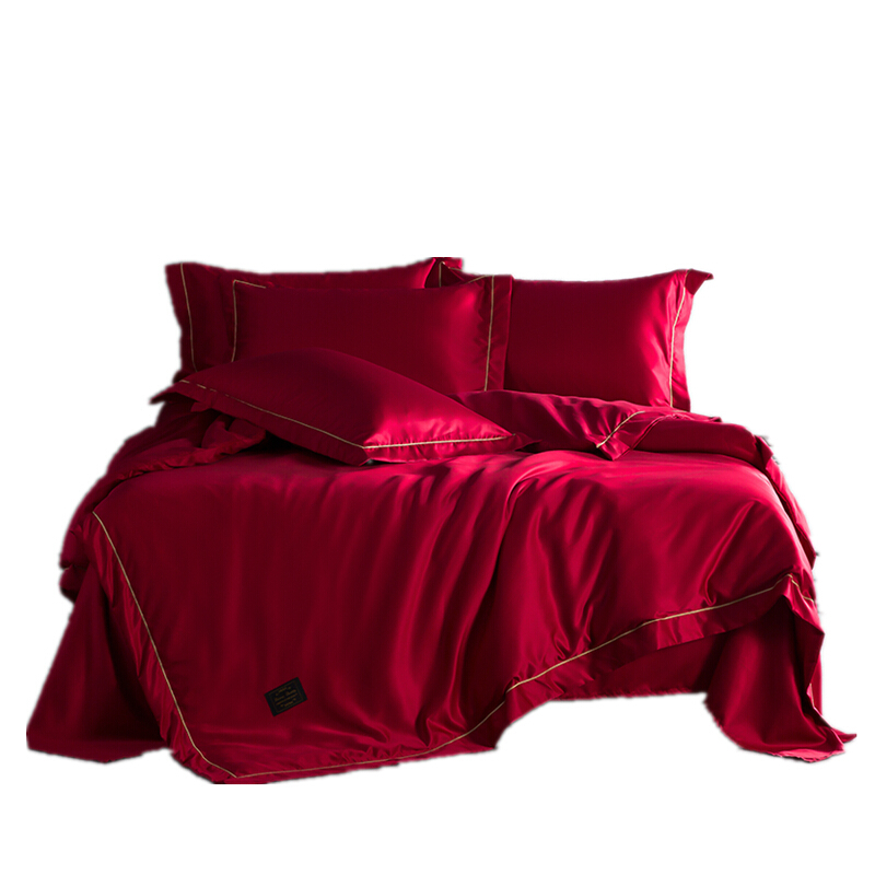 新婚婚房水洗真丝四件套冰丝绸缎结婚庆大红床单被套纯色1.8m床品夏安白色
