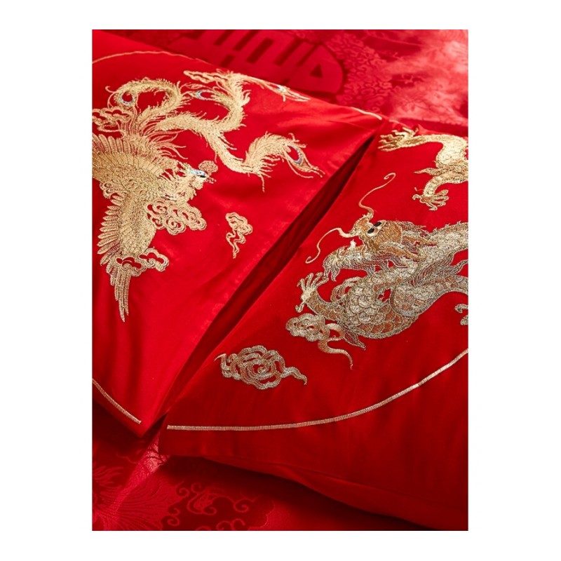 婚床全棉被套婚庆四件套结婚床上用品新婚纯棉六件套刺绣床品大红