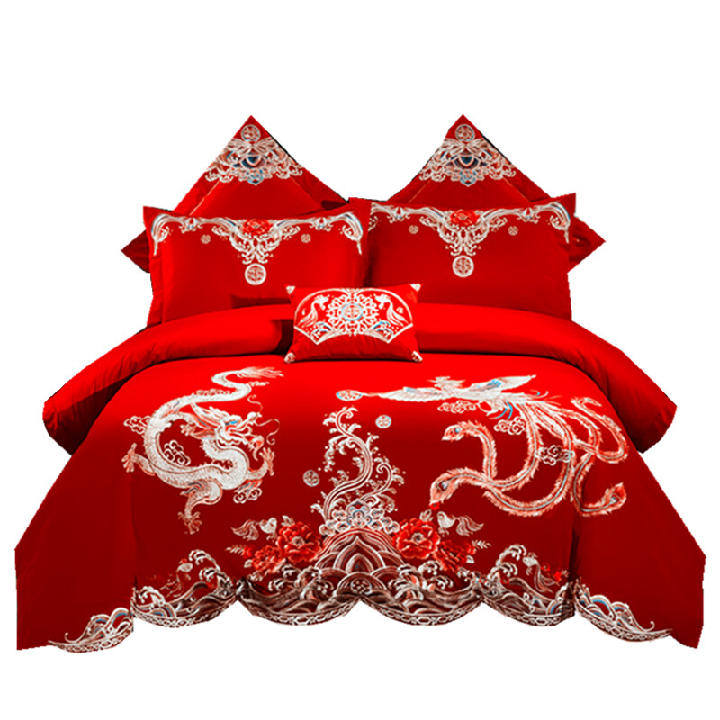 婚庆四件套大红全棉刺绣结婚床品纯棉龙凤被套六八十件套床上用品红色金色盛典-全棉