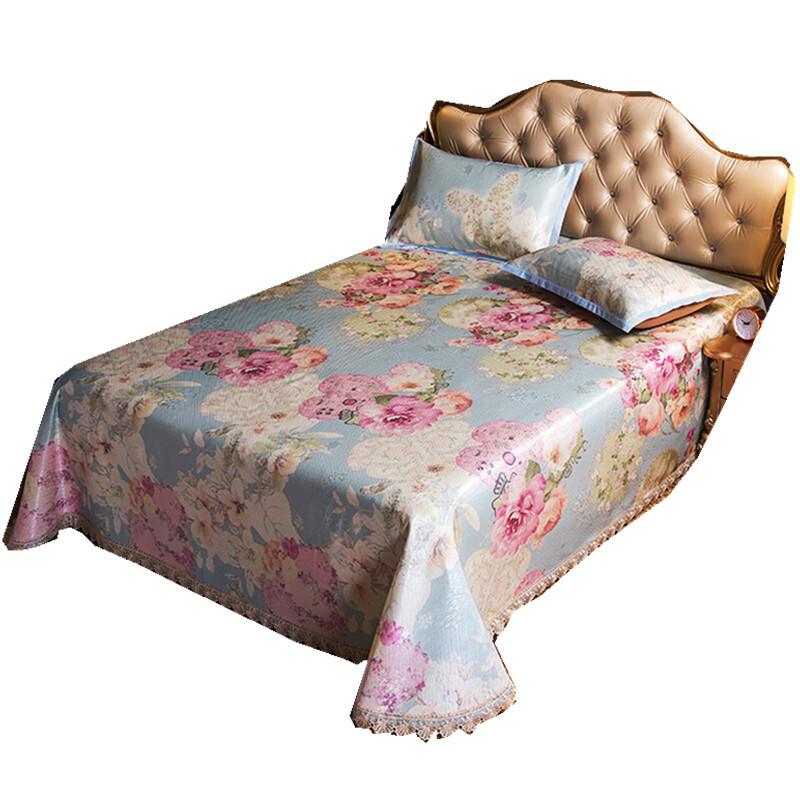 新款冰岛丝空席夏季床裙凉席可折叠机洗床单冰丝席三件套粉红色幽香花韵