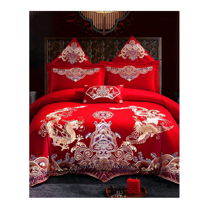 婚庆四件套大红色全棉被套结婚床上用品喜庆纯棉六件套床品刺绣秋