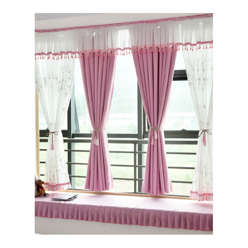 简约现代蕾丝成品遮光布窗帘公主风粉色蓝色卧室客厅双层飘窗短帘