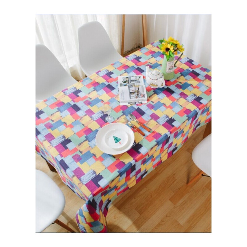 美式田园格子印花桌布油画涂鸦棉麻西餐餐桌布茶几布定制彩色方格