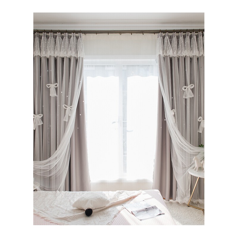 韩式公主风蕾丝绣花遮光布星星镂空卧室客厅飘窗窗帘窗纱成品