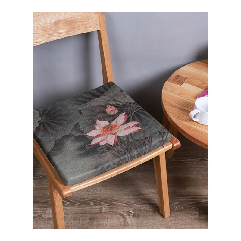 中式水墨荷花四季方形坐垫棉麻餐椅垫办公室太师椅子座垫子可定做