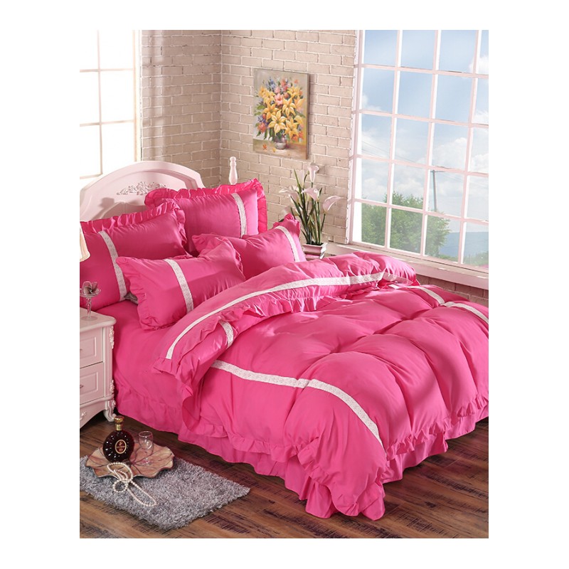 色韩式风公主风四件套1.8m荷叶花边床单式素色被套被罩床上用品