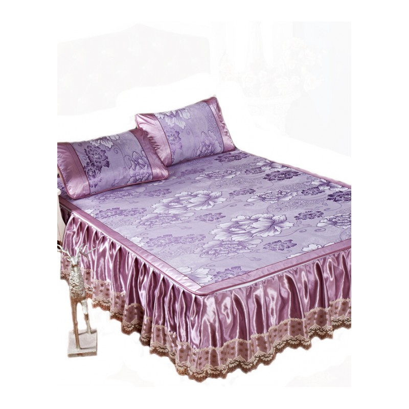 床裙床罩凉席三件套冰丝席1.8m床空席防滑床笠加厚折叠凉席子紫色印花紫色格