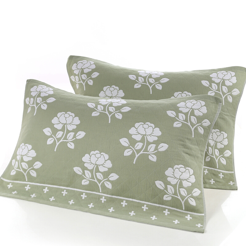 枕巾纯棉加大枕头巾单人柔软全棉一对浅绿色朵朵花