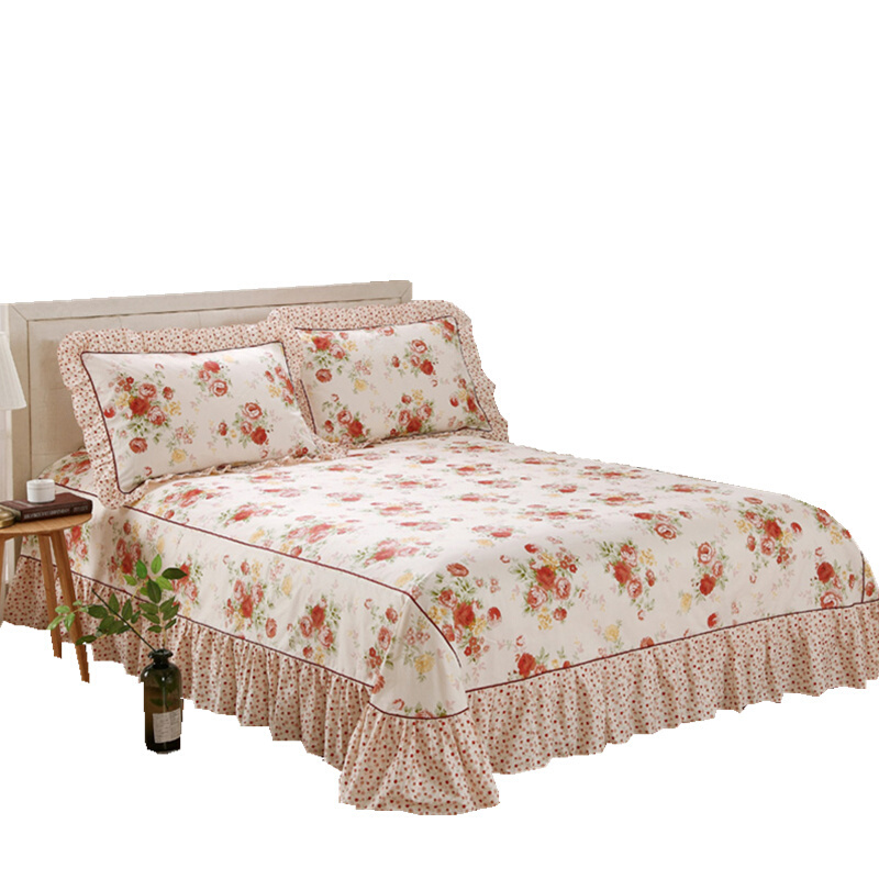 床单单件纯棉布料全棉1.5m床1.8米2.0双人粉色大花荷叶边被单红怡佳人(床单一个)