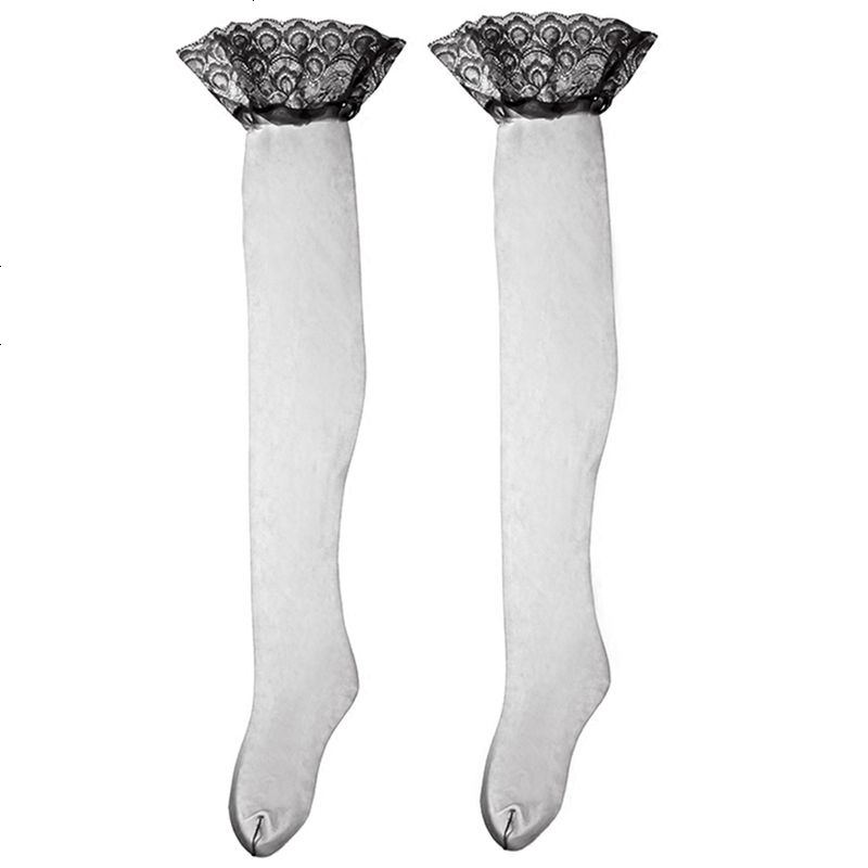 富勒姆 白色蕾丝花边超薄透明长筒丝袜情趣瘦腿黑色弹力袜子