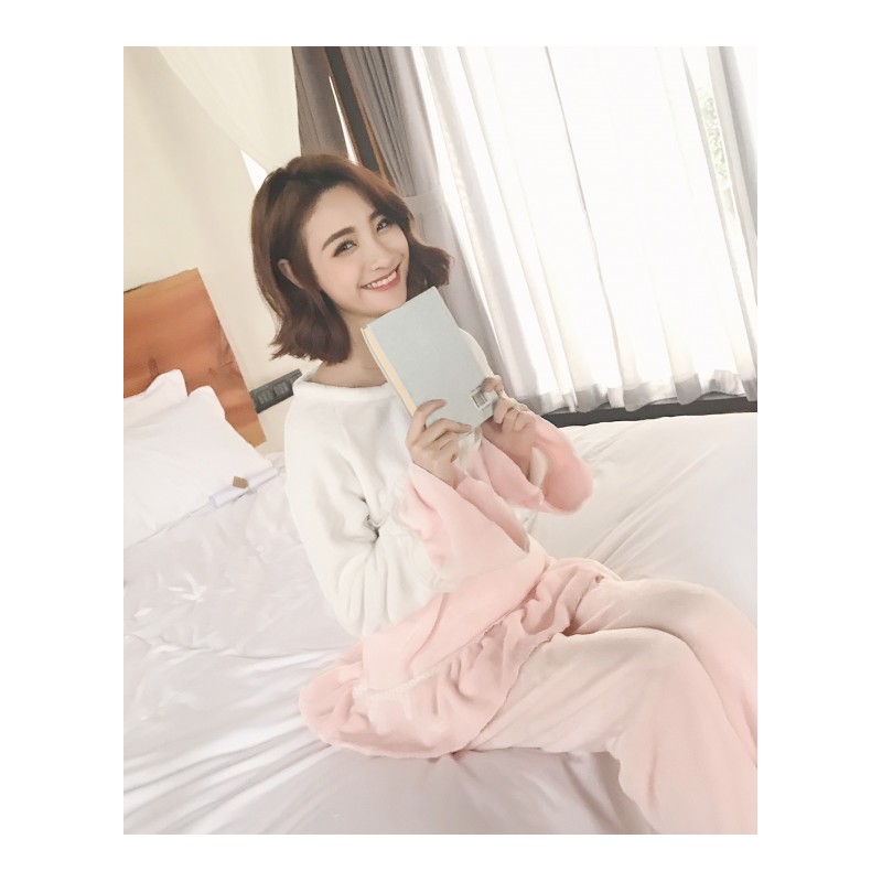 冬季新款韩版法兰绒女睡衣套装 舒适接拼色保暖花边公主风家居服