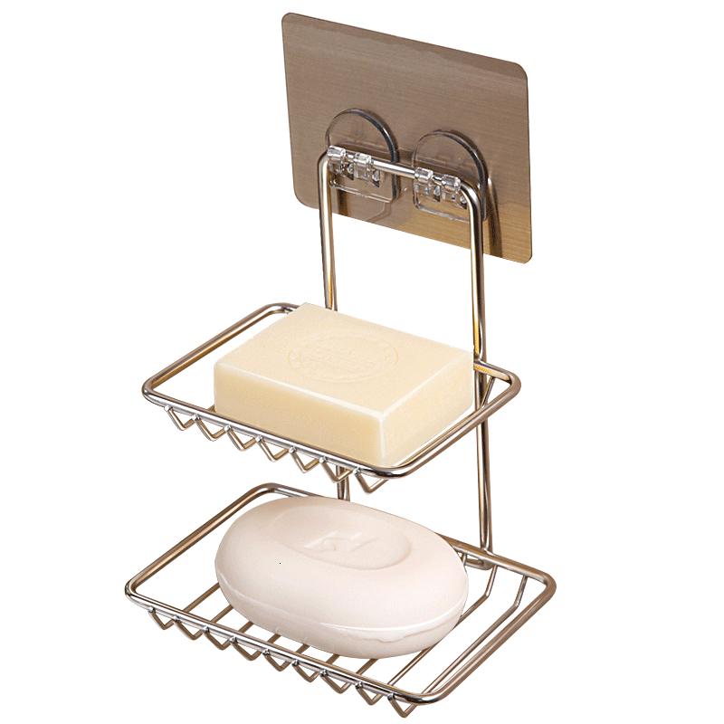 免打孔不锈钢肥皂架浴室无痕贴香皂盒创意卫生间双层吸盘皂架壁挂 不锈钢款