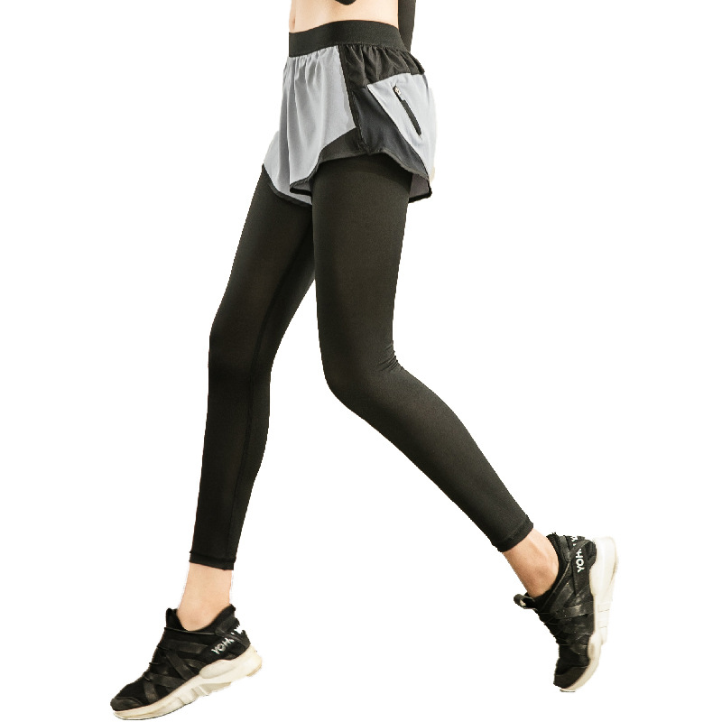 反光拉链假两件套健身女运动长裤瑜伽服速干跑步打底裤
