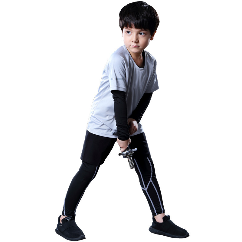 儿童健身服男童套装四件套速干紧身衣跑步运动套装篮球打底训练服