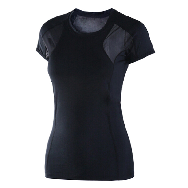速干衣女T恤紧身罩衫蕾丝运动短袖健身衣瑜伽服跑步上衣夏季黑色