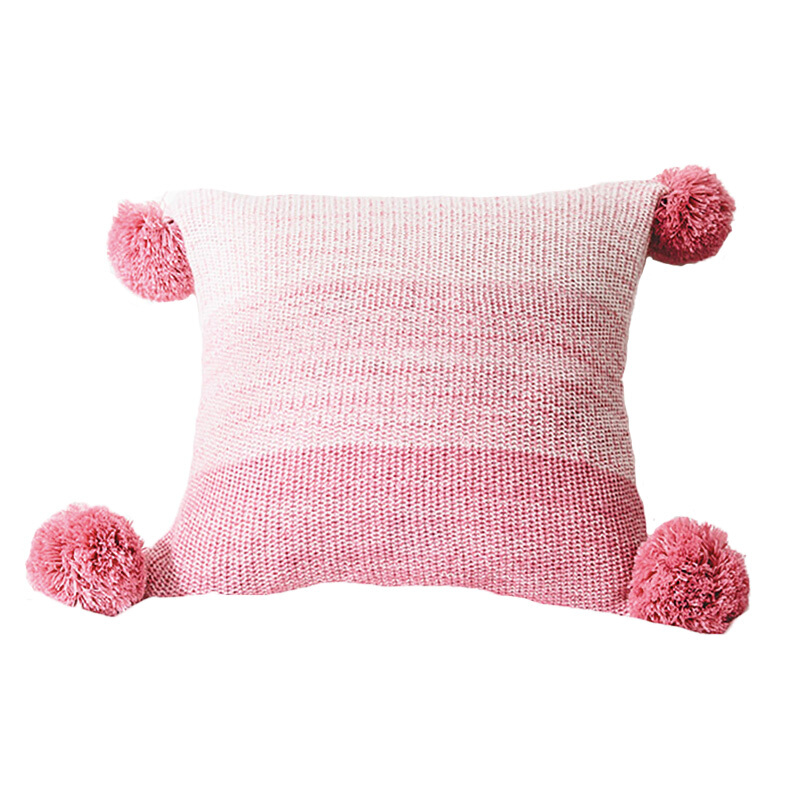ins风针织沙靠垫简约毛球渐变靠枕套北欧粉色灯笼挂球抱枕软饰