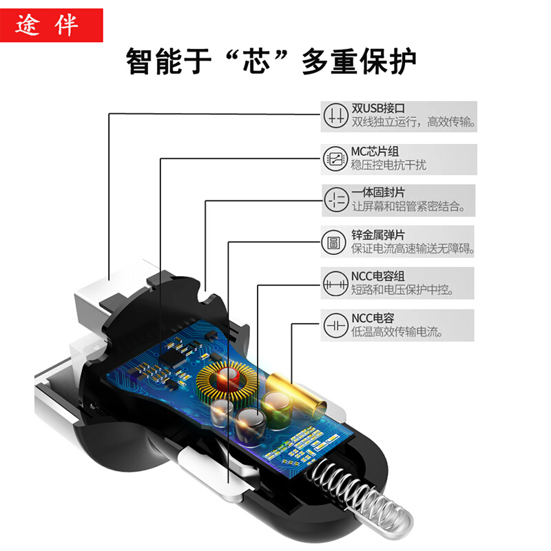 车载充电器手机快充一拖二汽车点烟器插头usb车用多功能车充[炫酷黑]4.8A带电压监测(送苹果+安卓二合一