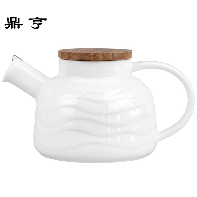 鼎亨日式茶具套装 白色简约花茶具竹盖陶瓷茶壶茶杯水杯家用套