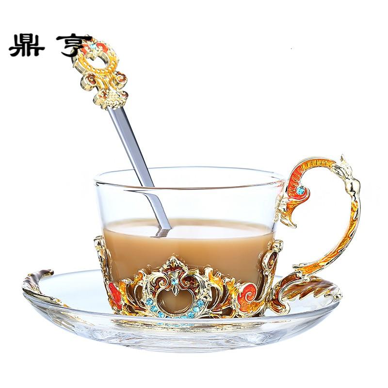 鼎亨珐琅彩咖啡杯欧式茶杯套装创意水杯子玻璃杯带碟带勺女神生日