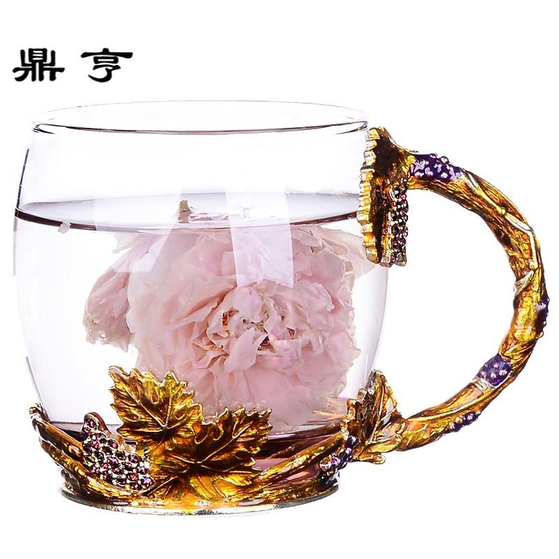 鼎亨创意珐琅彩玻璃水杯耐热花茶杯定制情侣杯子少女果汁杯咖啡杯