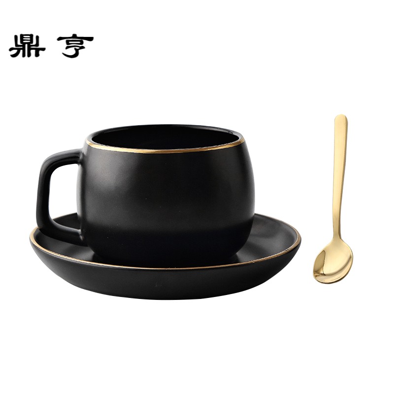 鼎亨欧式咖啡杯具家用创意简约金边磨砂黑色咖啡杯套装配勺下午茶