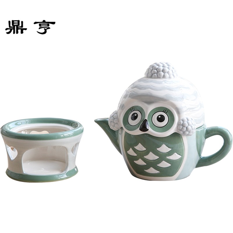 鼎亨买三免一 卡通可爱猫头鹰客厅家用陶瓷茶壶水壶含底座茶具套