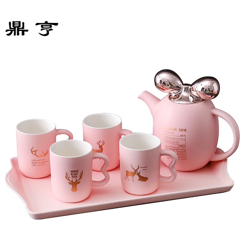 鼎亨蝴蝶结泡茶壶陶瓷茶壶家用凉水壶茶杯整套茶具咖啡具套装结婚