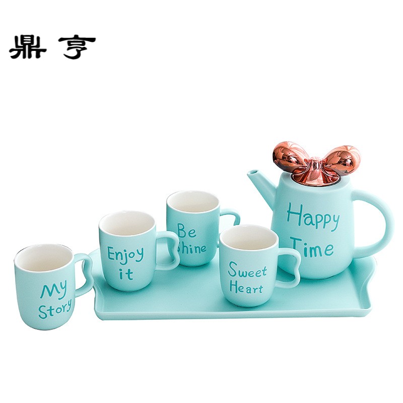 鼎亨欧式字母蝴蝶结茶壶套装英伦陶瓷水壶创意6件套陶瓷杯礼盒装