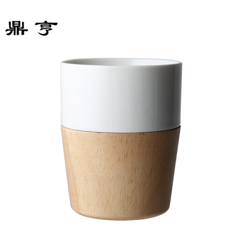 鼎亨 简约北欧风格茶杯 橡胶木混搭陶瓷随手杯创意早餐牛奶杯