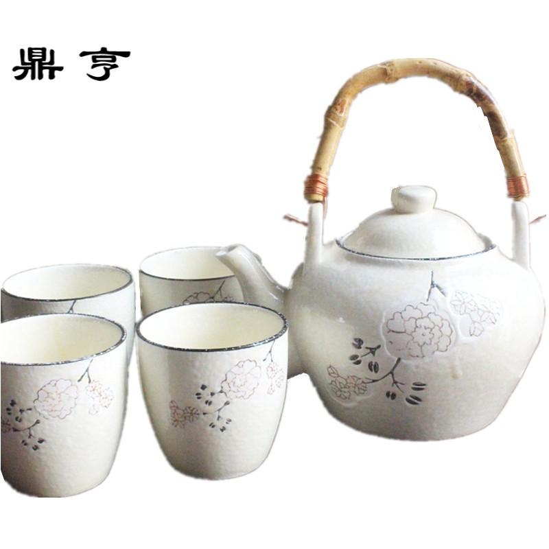 鼎亨日式陶瓷茶壶雅晶彩水壶釉下彩手绘茶壶竹藤条把手壶带4茶杯
