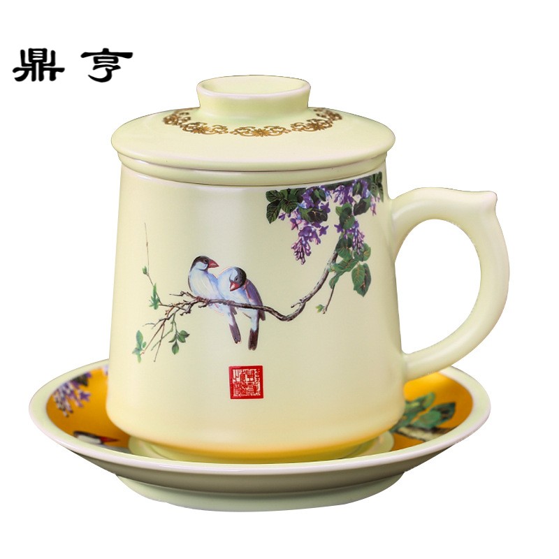 鼎亨陶瓷过滤泡茶杯 陶瓷带盖办公茶具茶水分离杯 商务礼品家用泡
