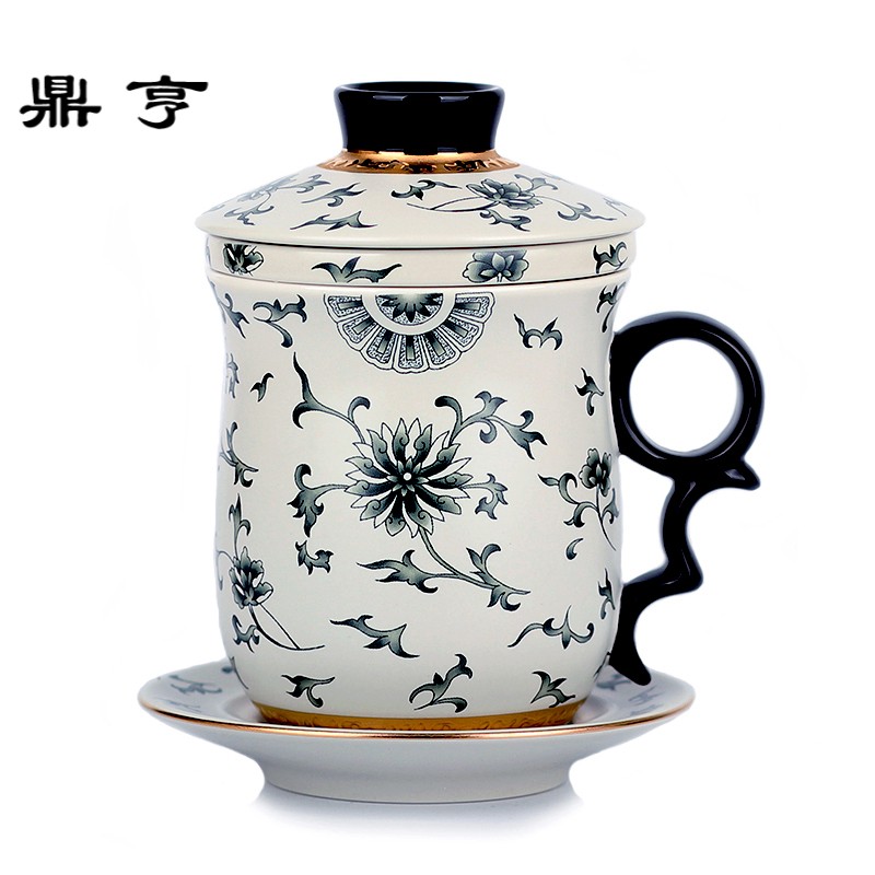 鼎亨茶具办公杯子陶瓷杯子创意水杯陶瓷带盖过滤富贵金莲茶杯