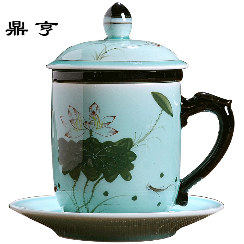 鼎亨景德镇陶瓷带盖过滤茶杯办公茶水分离泡茶杯家用水杯喝茶瓷杯