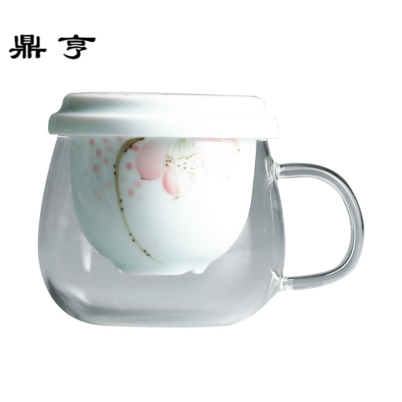 鼎亨 玻璃过滤泡茶杯手绘陶瓷内胆透明花茶杯 办公带盖玻璃茶杯